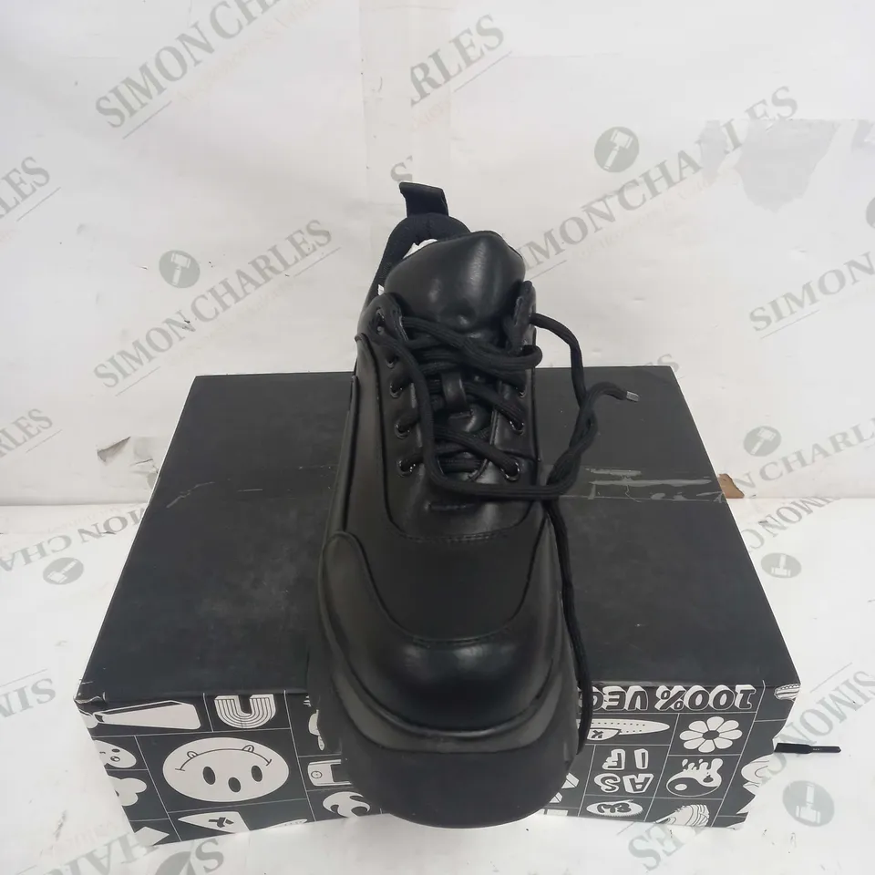 BOXED PAIR OF KOI FOOTWEAR CHRONICLES VILUM PLATFORM TRAINERS IN BLACK - SIZE 3