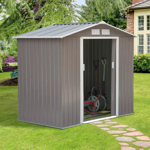 BOXED 7 FT. W X 4 FT. D METAL APEX GARDEN SHED (2 BOXES)