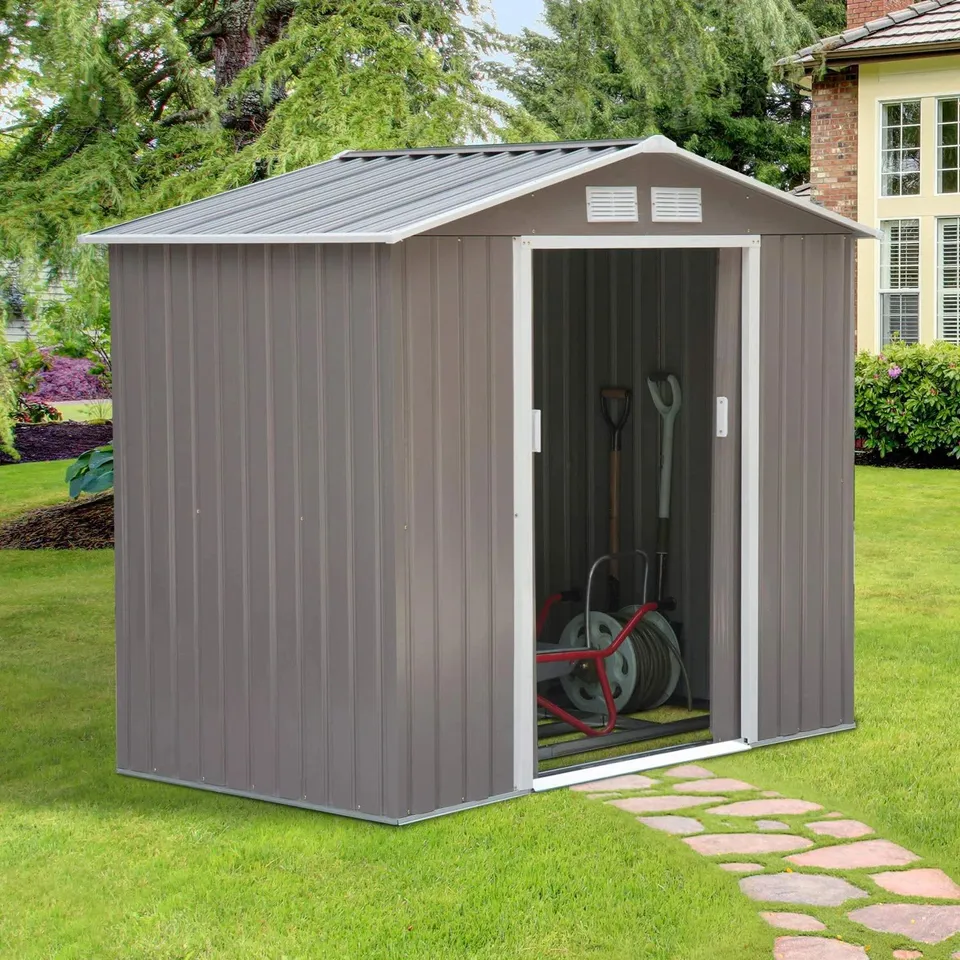 BOXED 7 FT. W X 4 FT. D METAL APEX GARDEN SHED (2 BOXES)