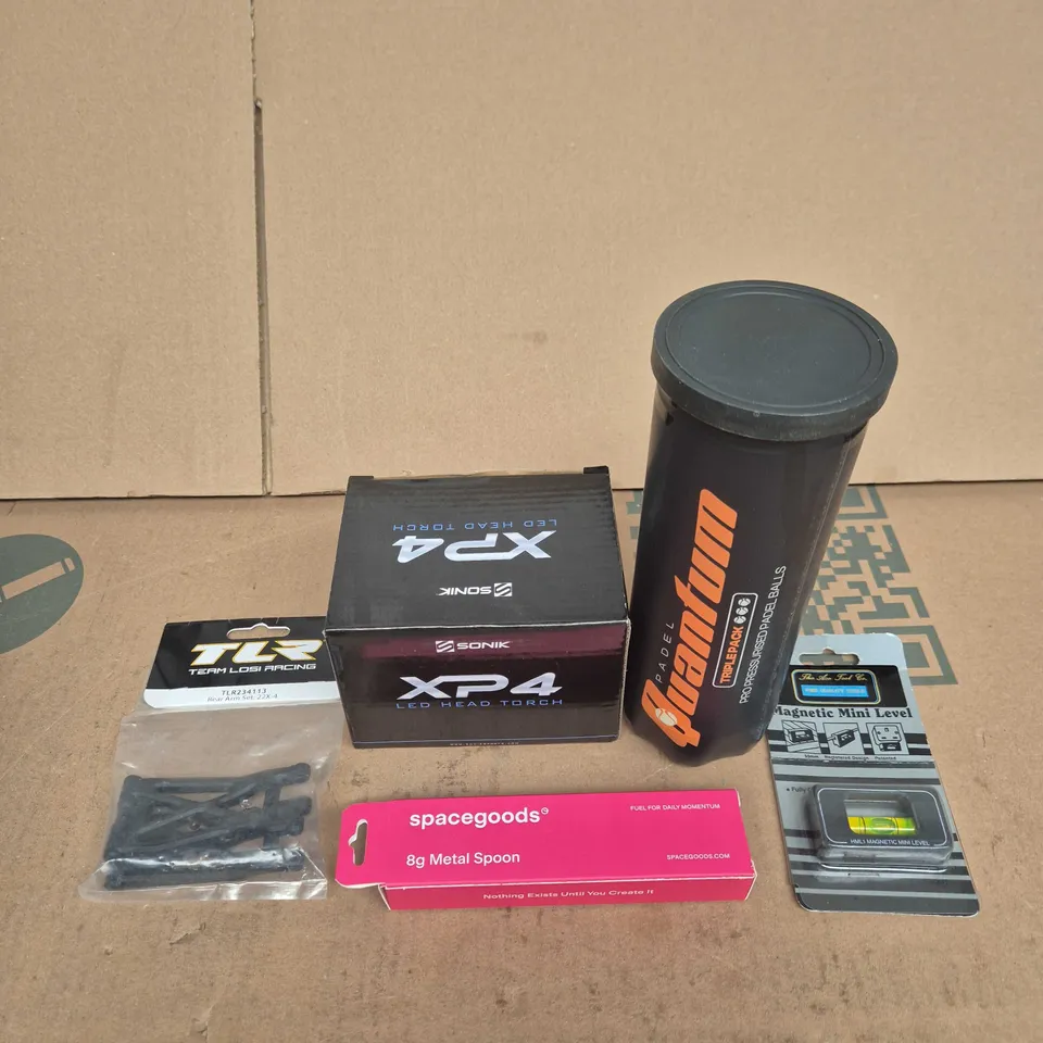 TOTE OF APPROXIMATELY 10 ASSORTED ITEMS INCLUDING SONIK XP4 LED HEAD TORCH, PADAL QUANTUM BALLS AND SPACEGOODS 8G METAL SPOONS