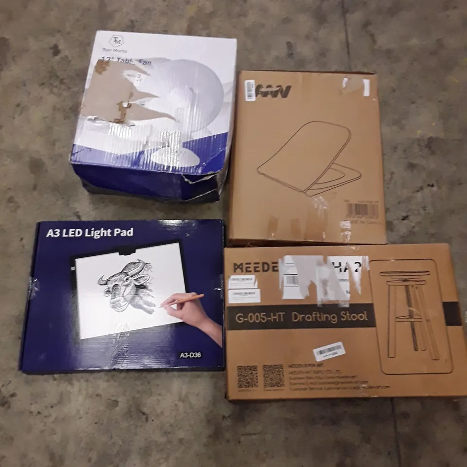 PALLET OF ASSORTED PRODUCTS TO INCLUDE; TOILET SEAT - G-005-HT DRAFTING STOOL - A3 LED LIGHT PAD ECT