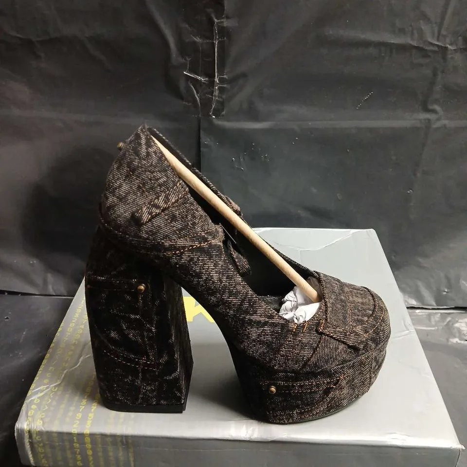 BOXED PAIR OF KOI FADED DENIM PLATFORM HEELS - BLACK, UK SIZE 3 