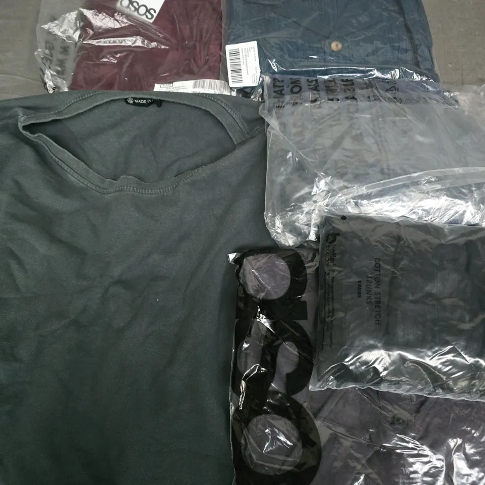 APPROXIMATELY 35 ASSORTED CLOTHING ITEMS IN VARIOUS SIZES, STYLES & COLOURS TO INCLUDE COTTON STRETCH TRUNKS, REVERE SHIRT, DRESSES, ETC