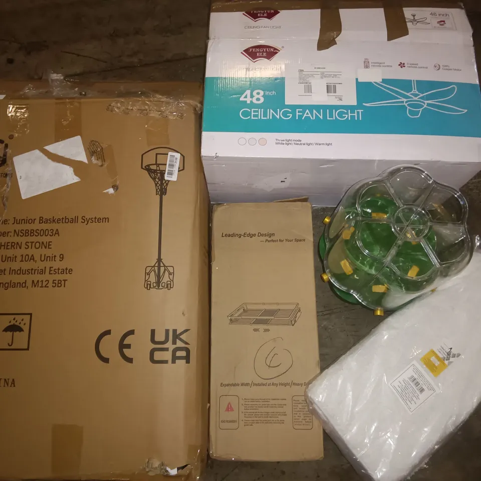 PALLET OF ASSORTED ITEMS TO INCLUDE JUNIOR BASKETBALL SYSTEM, 48" CEILING LIGHT AND TUFTED BATHMAT