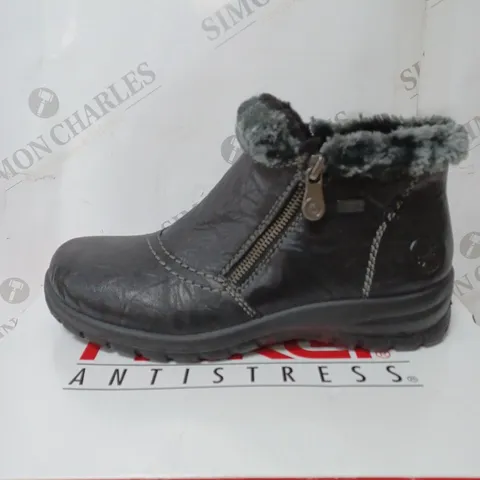 BOXED RIEKER ANKLE BOOTS WITH FUR CUFF, BLACK - SIZE 5