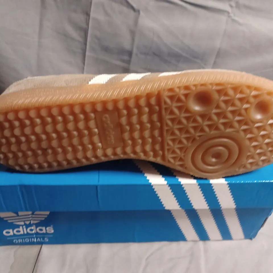 BOXED PAIR OF ADIDAS ORIGINALS BEIGE SUEDE SNEAKERS – UK SIZE 8.5