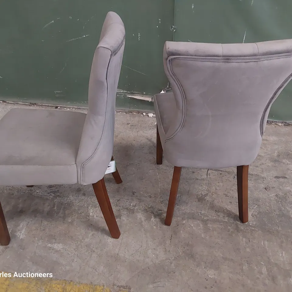 PAIR OF UPHOLSTERED BUTTONED BACK DINING CHAIRS MINK PLUSH FABRIC ON DARK LEGS 