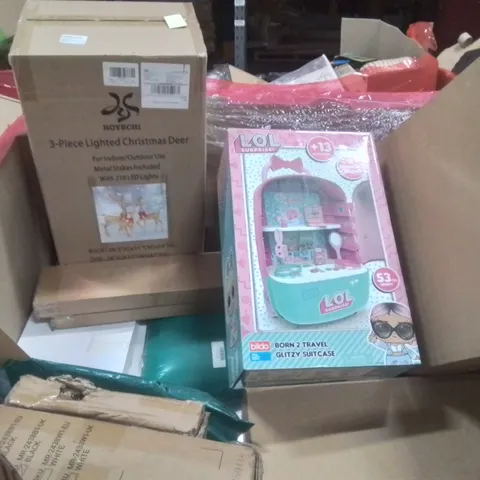 PALLET CONTAINING VARIOUS ASSORTED BOXED HOUSEHOLD ITEMS TO INCLUDE: LOL DOLL TRAVEL SUITCASE, 3 PIECE CHRISTMAS DEER SET, EXERCISE BOARDS AND LOTS MORE UNMARKED BOXED ITEMS 