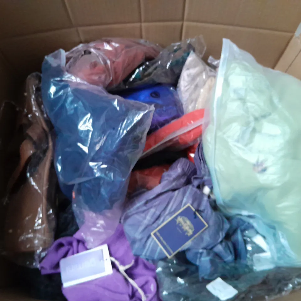 LARGE BOX OF ASSORTED CLOTHING ITEMS IN VARIOUS STYLES, COLOURS AND SIZES