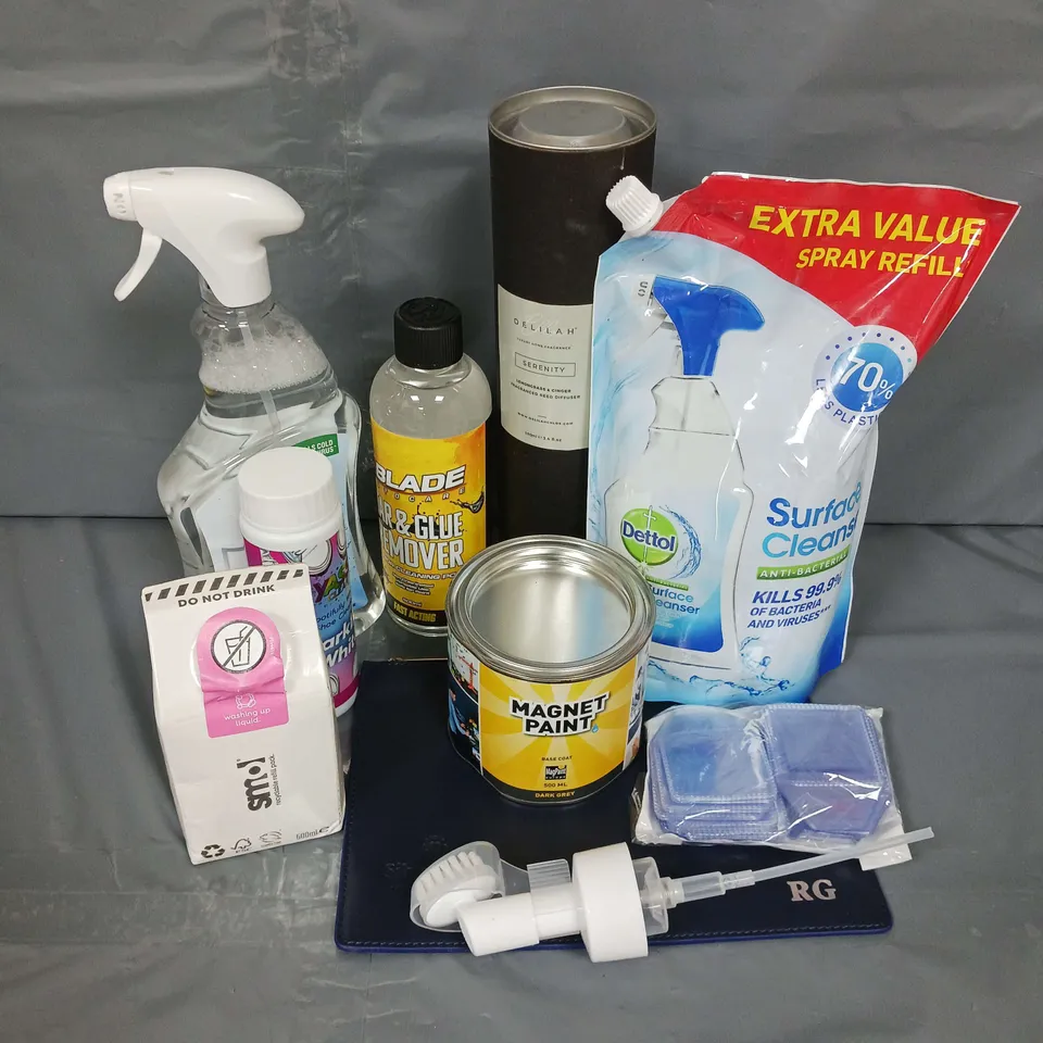 APPROXIMATELY 15 ASSORTED HOUSEHOLD ITEMS TO INCLUDE - DETTOL SURFACE CLEANSER - MAGNET PAINT - BLADE TAR & GLUE REMOVER - ETC - COLLECTION ONLY