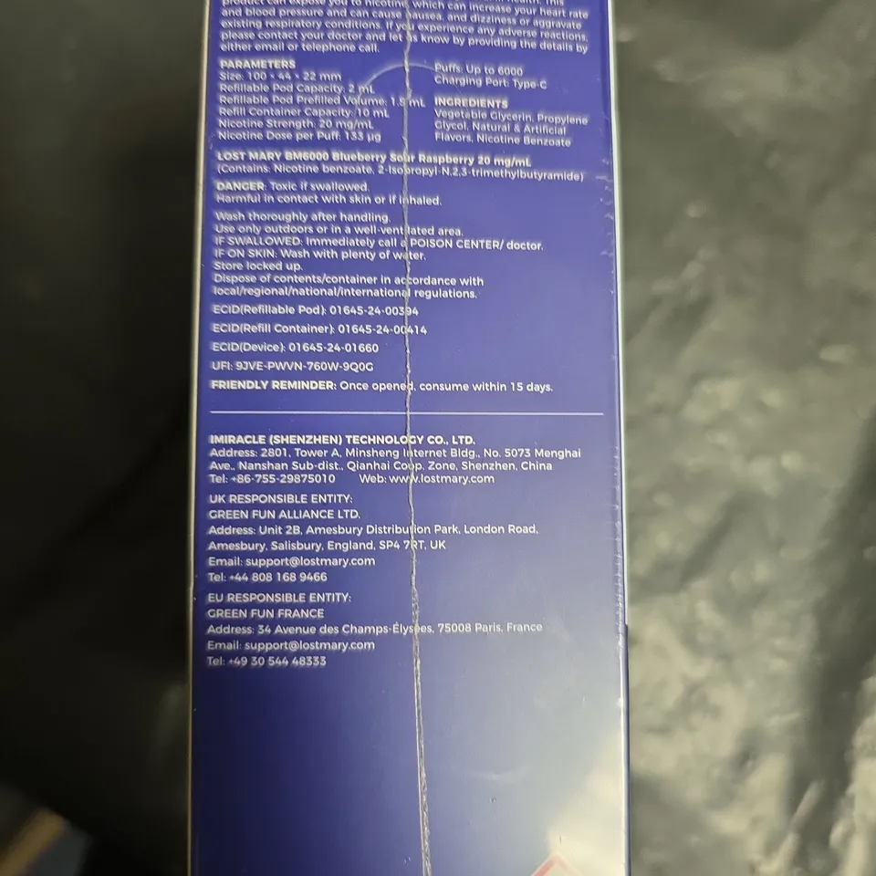 LOST MARY BM6000 REFILLABLE POD KIT – BLUEBERRY SOUR RASPBERRY (20 MG/ML)