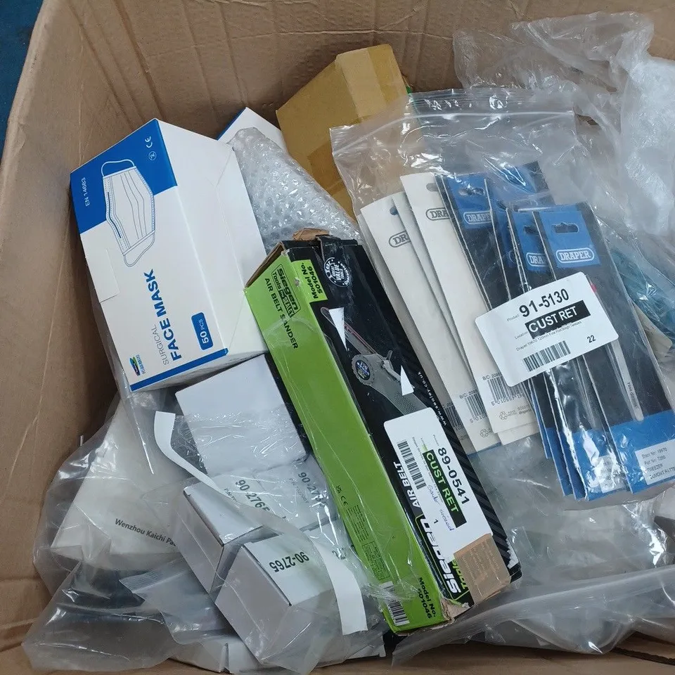BOX OF ASSORTED ELECTRICAL AND HEALTH ITEMS TOO INCLUDE FACE MASKS , DRAPER TWEEZERS , AIR BELTS , ETC 