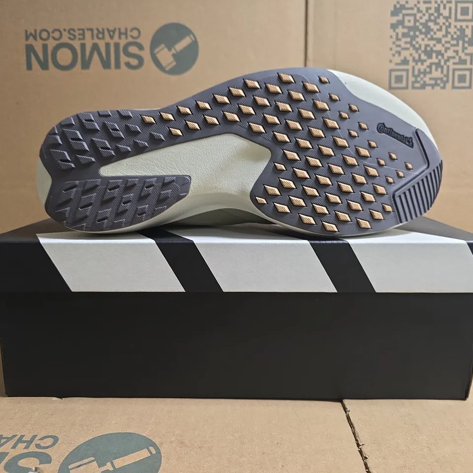 BOXED PAIR OF ADIDAS ADIZERO EVO SLATR TRAINERS IN LIGHT TAUPE SIZE UK 10