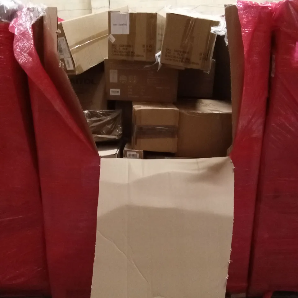 PALLET OF ASSORTED HOUSEHOLD GOODS AND PRODUCTS TO INCLUDE; AIR COOLER, PRESSURE COOKER, PRAM, COMPUTER MONITOR ETC