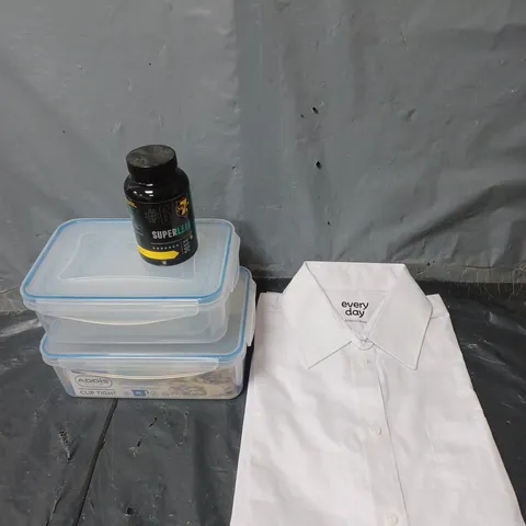 APPROXIMATELY 10 HOUSEHOLD ITEMS TO INCLUDE FOOD SUPPLEMENTS, CLOTHING AND FOOD STORAGE BOXES