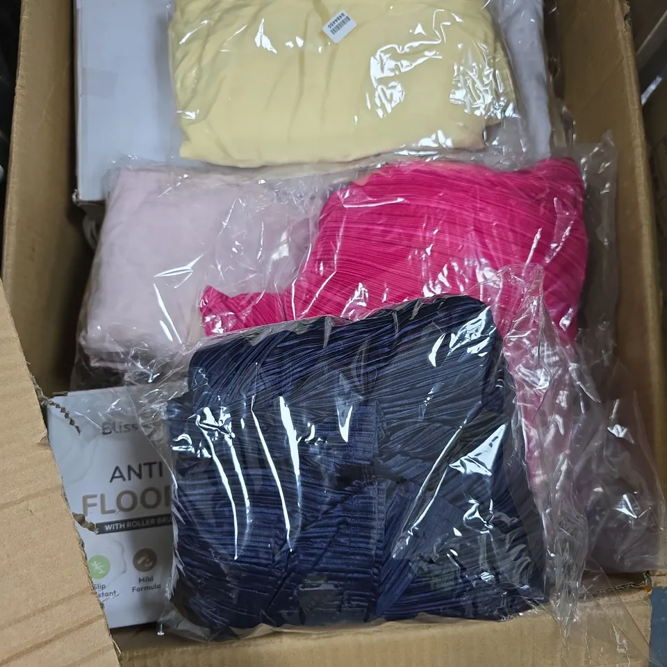 BOX OF APPROXIMATELY 15 ASSORTED ITEMS INCLUDING PINK BED SHEETS, YELLOW &MAISIE TROUSERS AND BLISS & BEYOND ANTI SLIP FLOOR GEL