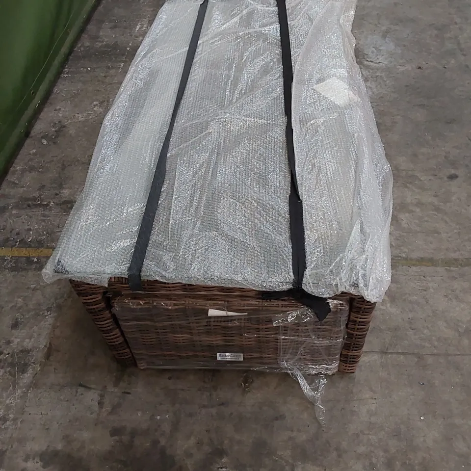 DESIGNER RATTAN COFFEE WITH 2 UNDERSIDE STOOLS WITH CUSHIONS