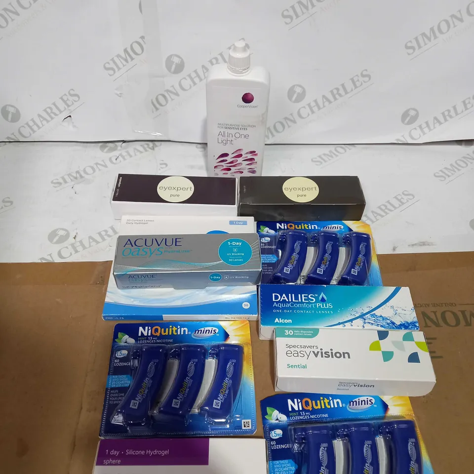 BOX OF ASSORTED MEDICAL APPLIANCES TOO INCLUDE EYE LENSES AND EYE DROPS 