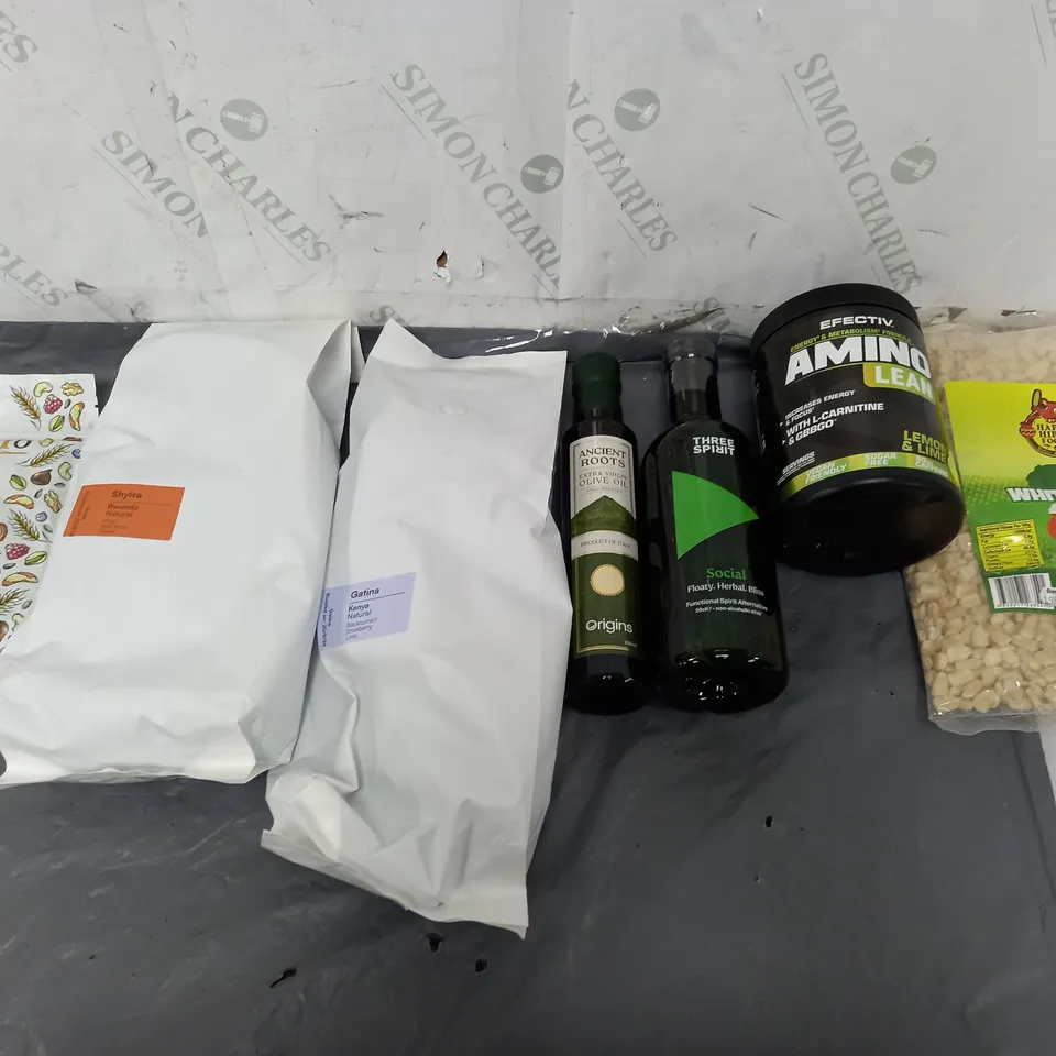 APPROXIMATELY 8 ASSORTED FOOD ITEMS TO INCLUDE - THREE SPIRIT SOCIAL, ORGANIC KALE POWDER, AND AMINO LEAN ETC.