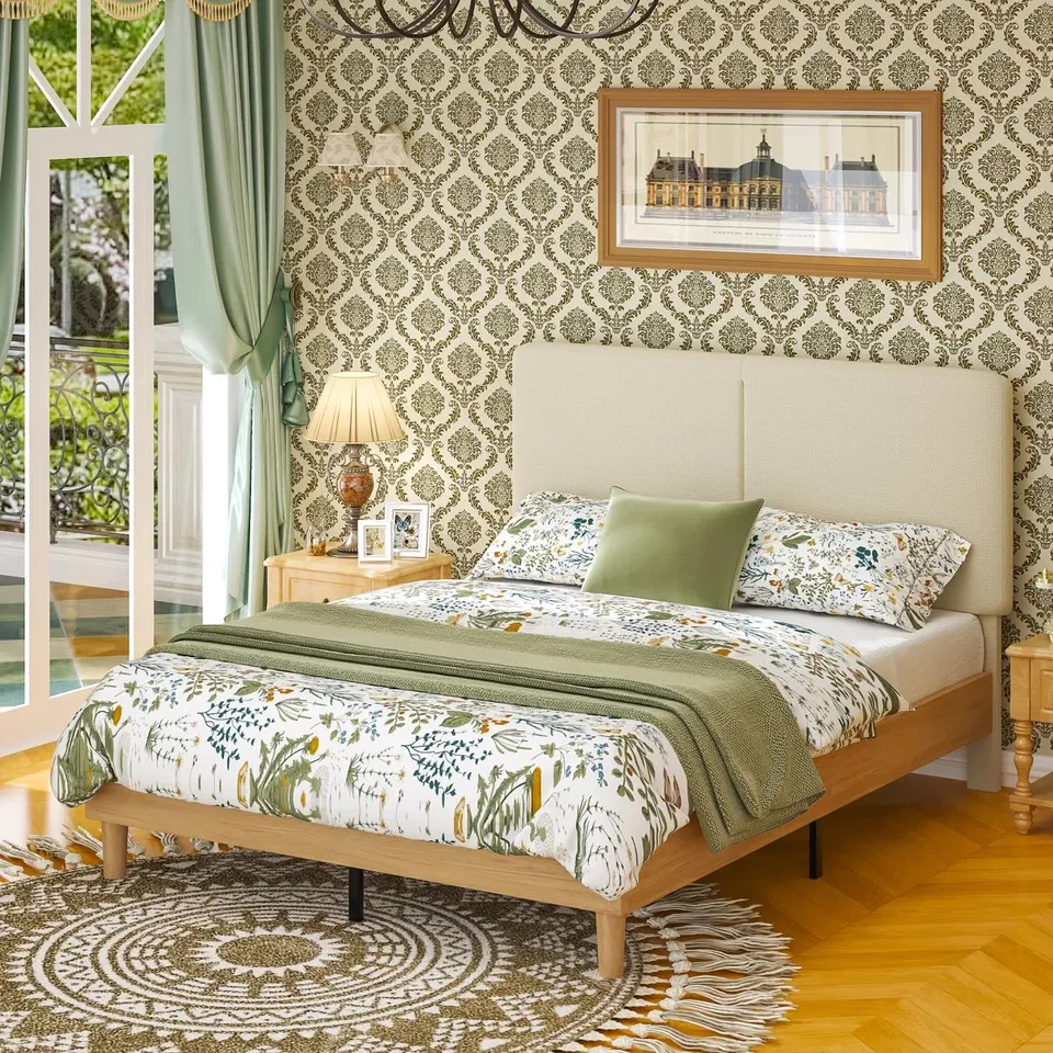 BOXED BED FRAME WITH UPHOLSTERED LINEN FABRIC ADJUSTABLE HEADBOARD 