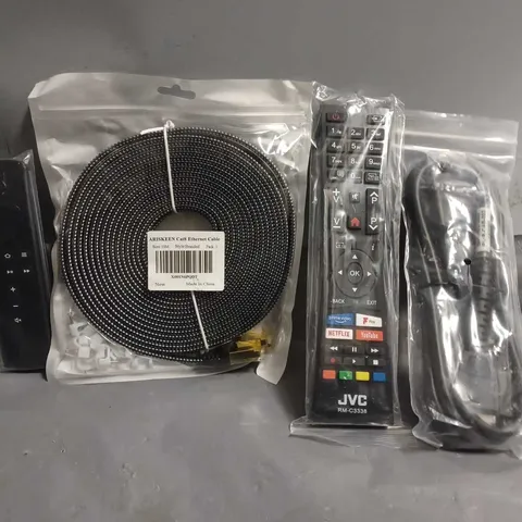 APPROXIMATELY 10 ASSORTED ITEMS TO INCLUDE - FIRE TV STICK REMOTE , JVC REMOTE , ETHERNET CABLE ETC