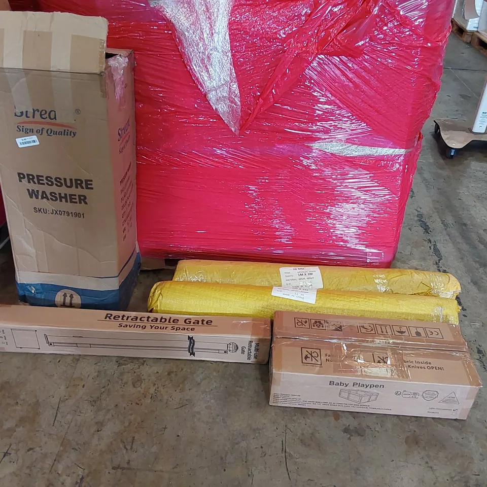 PALLET OF ASSORTED HOMEWARE AND CONSUMER PRODUCTS TO INCLUDE; STREAM PRESSURE WASHER, ROLLS OF ARTIFICIAL GRASS, BABY PLAYPEN, RETRACTABLE SAFETY GATE ECT.
