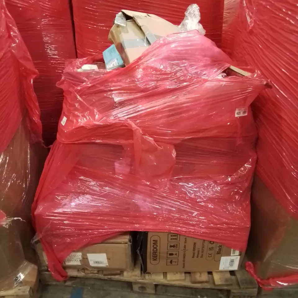 PALLET OF ASSORTED HOUSEHOLD GOODS AND PRODUCTS TO INCLUDE; HUMIDIFIER, EXERCISE MACHINE, OFFICE CHAIR ETC