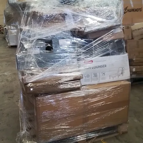 PALLET OF ASSORTED HOUSEHOLD GOODS AND PRODUCTS TO INCLUDE;SUN LOUNGER,HELIUM BALLOON GAS,HEATER,SUITCASE,HEATED THROW 