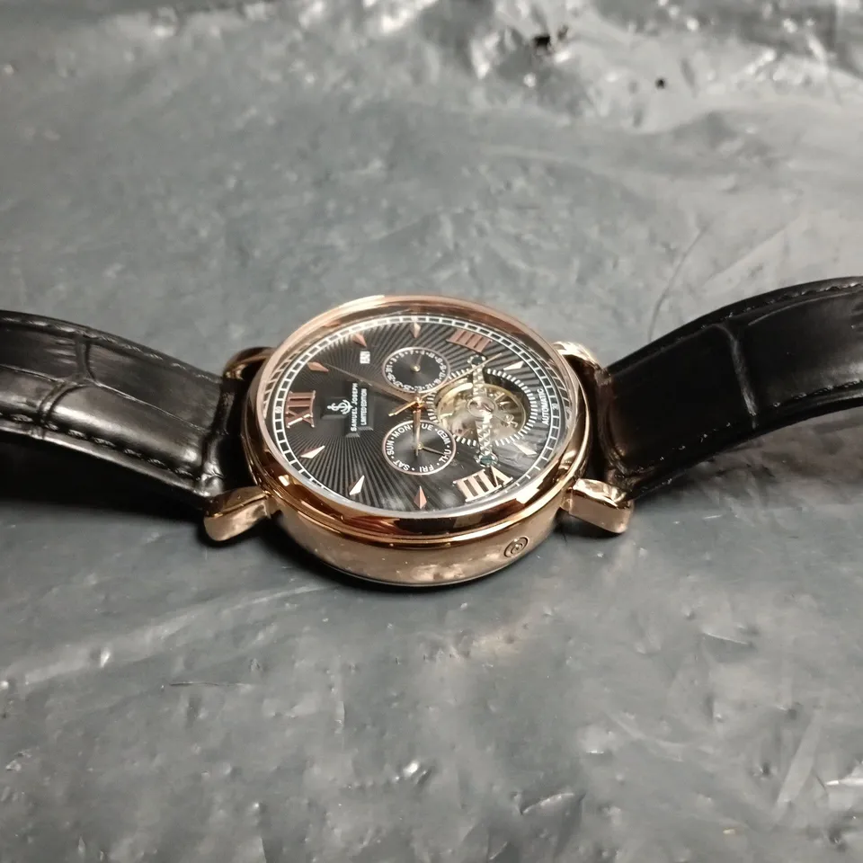 SAMUEL JOSEPH AUTOMATIC WRISTWATCH WITH BLACK DIAL AND SKELETON MOVEMENT