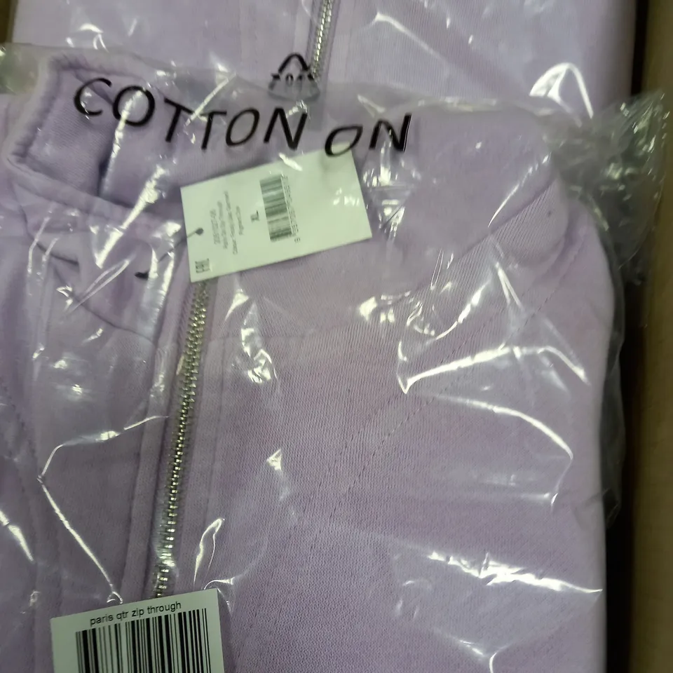 BOX OF APPROX 12 BRAND NEW COTTON:ON PARIS QTR ZIP THROUGH GARMENT - FROSTY LILAC PIGMENT DYE SIZE AUS M