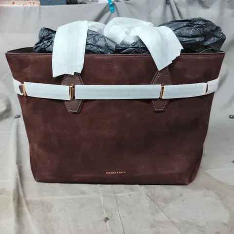 CHARLES & KEITH BROWN SUEDE HANDBAG WITH PALE BLUE STRAP