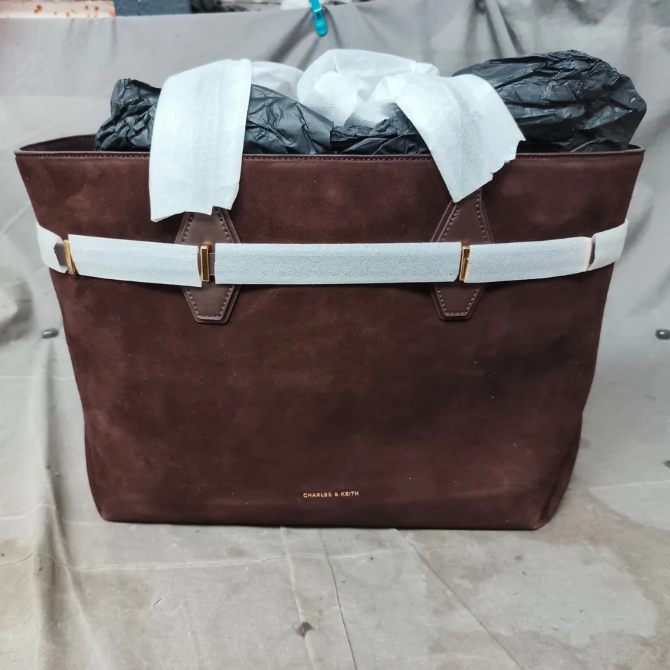 CHARLES & KEITH BROWN SUEDE HANDBAG WITH PALE BLUE STRAP