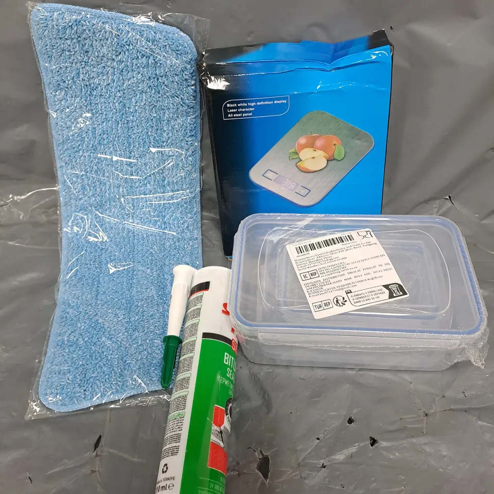 APPROXIMATELY 15 ASSORTED HOUSEHOLD ITEMS TO INCLUDE DIGITAL SCALES, STORAGE CONTAINERS, SEALANT ETC 