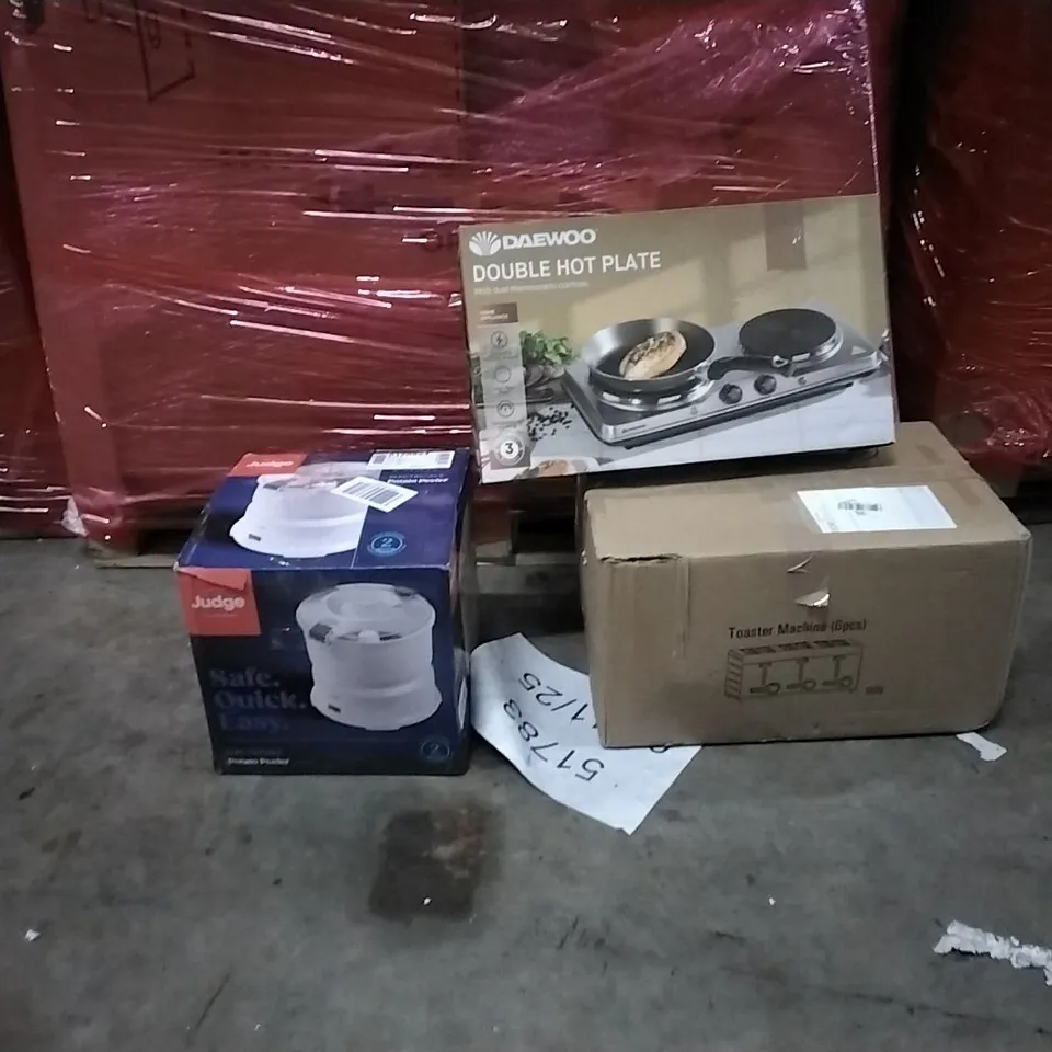 PALLET OF ASSORTED PRODUCTS AND HOUSEHOLD GOODS TO INCLUDE;DOUBLE HOT PLATE,TOASTER MACHINE,POTATOE PEELER