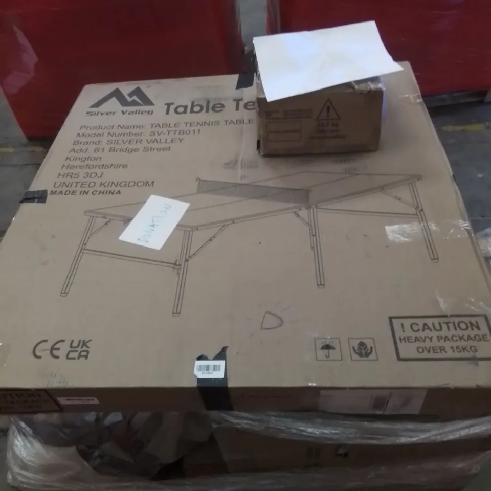 PALLET CONTAINING ASSORTED HOUSEHOLD & HOME IMPROVEMENT PRODUCTS. INCLUDES TABLE TENNIS TABLE, STAINLESS STEEL COOKER HOOD, TRAMPOLINE NET ETC 