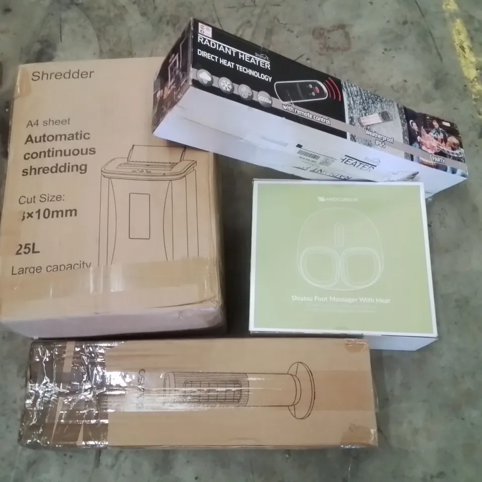 PALLET CONTAINING ASSORTED PRODUCTS INCLUDING PAPER SHREDDER, RADIANT HEATER, SHIATSU FOOT MASSAGER & ELECTRIC FAN HEATER