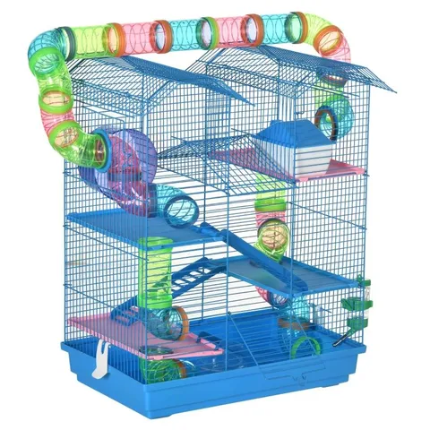 BOXED PAWHUT 5 TIER HAMSTER CAGE CARRIER HABITAT WITH EXERCISE WHEELS TUNNEL TUBE WATER BOTTLE DISHES HOUSE LADDER FOR DWARF MICE, BLUE (1 BOX)