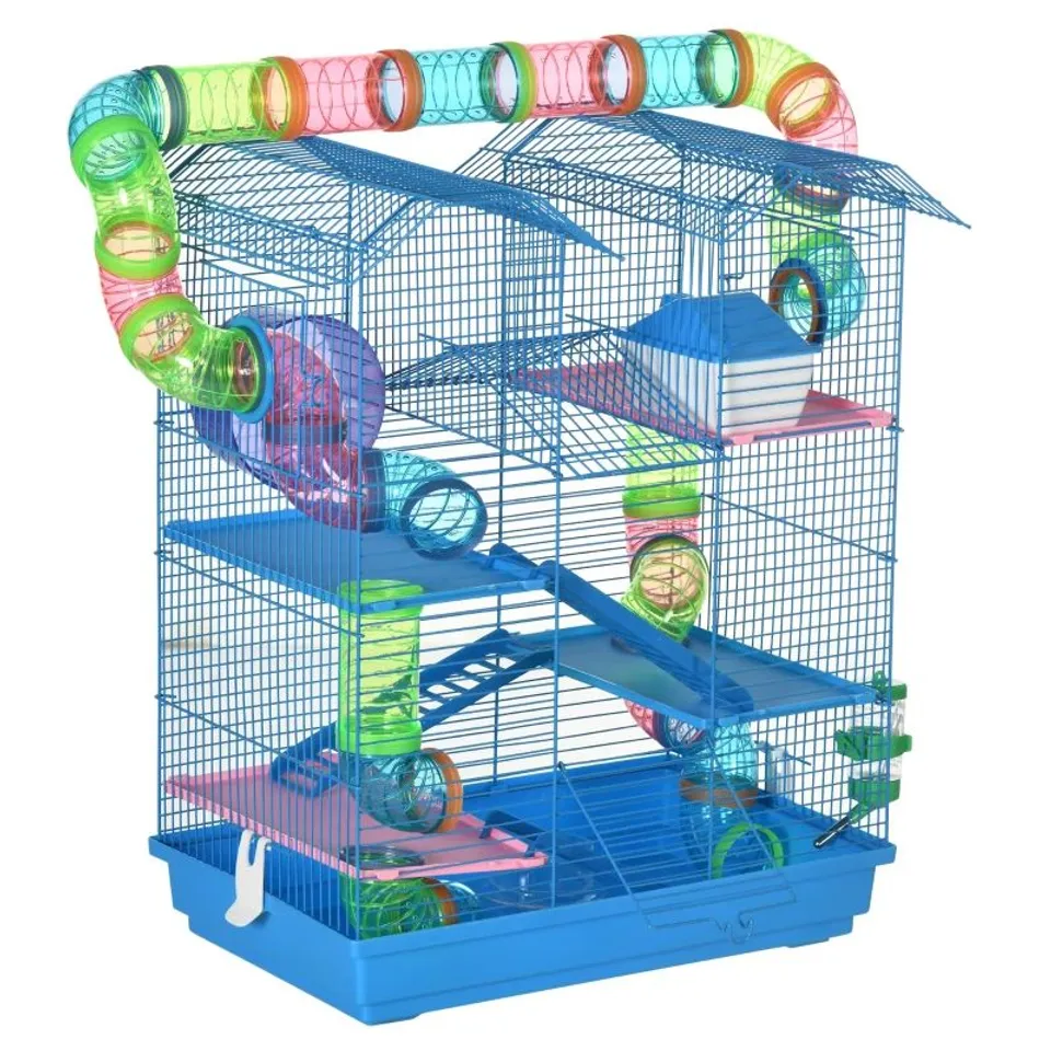BOXED PAWHUT 5 TIER HAMSTER CAGE CARRIER HABITAT WITH EXERCISE WHEELS TUNNEL TUBE WATER BOTTLE DISHES HOUSE LADDER FOR DWARF MICE, BLUE (1 BOX)