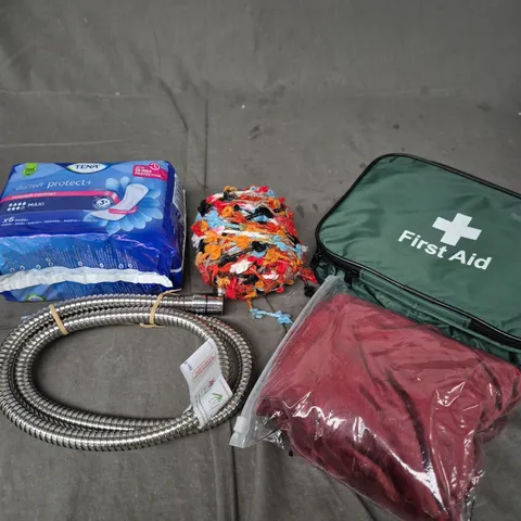 APPROXIMATELY 15 ASSORTED HOUSEHOLD PRODUCTS TO INCLUDE TENA PADS, FIRST AID KIT, SHOWER PIPING ETC 