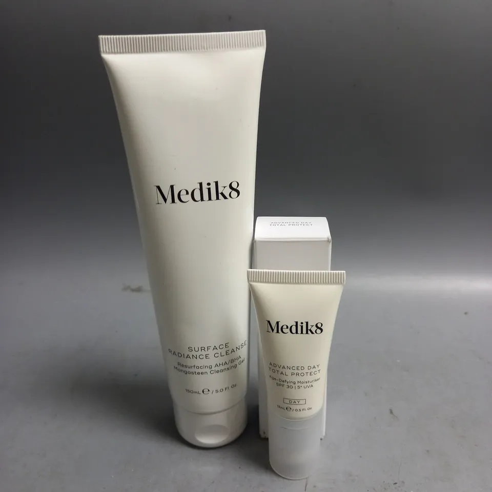 LOT OF 2 MEDIK8 SURFACE RADIANCE CLEANSING GEL 150ML AND ADVANCED DAY PROTECT SPF 30 FACE CREAM 15ML