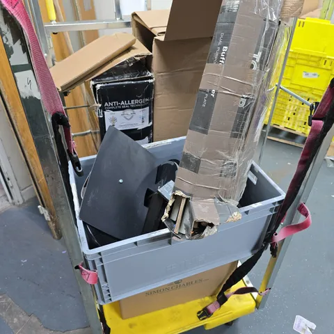 CAGE OF APPROXIMATELY 6 ASSORTED ITEMS TO INCLUDE CHRISTMAS TREE, MONITOR STANDS, AND UNBOXED FURNITURE PARTS ETC. - COLLECTION ONLY