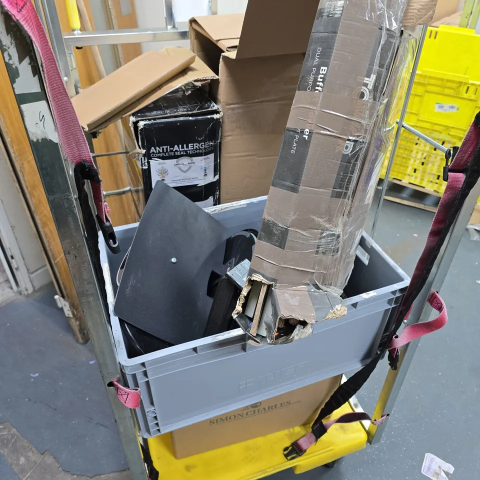 CAGE OF APPROXIMATELY 6 ASSORTED ITEMS TO INCLUDE CHRISTMAS TREE, MONITOR STANDS, AND UNBOXED FURNITURE PARTS ETC. - COLLECTION ONLY 
