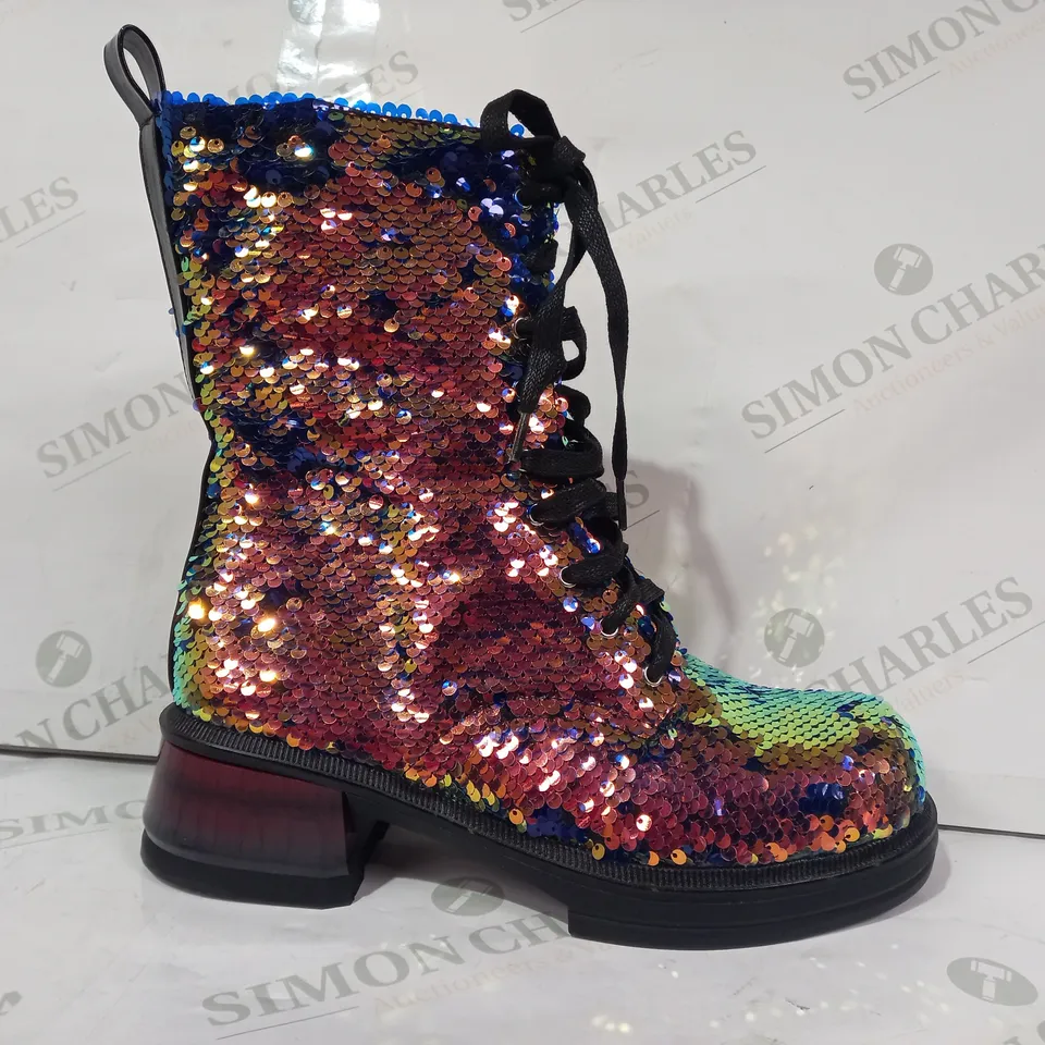 PAIR OF DESIGNER SEQUIN COVERED ANKLE BOOTS IN MULTICOLOUR EU SIZE 42