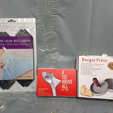 APPROXIMATELY 12 ASSORTED HOUSEHOLD ITEMS TO INCLUDE BURGER PRESS, GOLF TEES, ANTI-SLIP RUG GRIPS, ETC