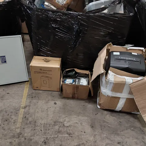 PALLET OF ASSORTED ITEMS INCLUDING; ROTTNER KEY CABINET, BOX OF ASSORTED HARD DRIVES, PAPER SHREDDERS ECT.