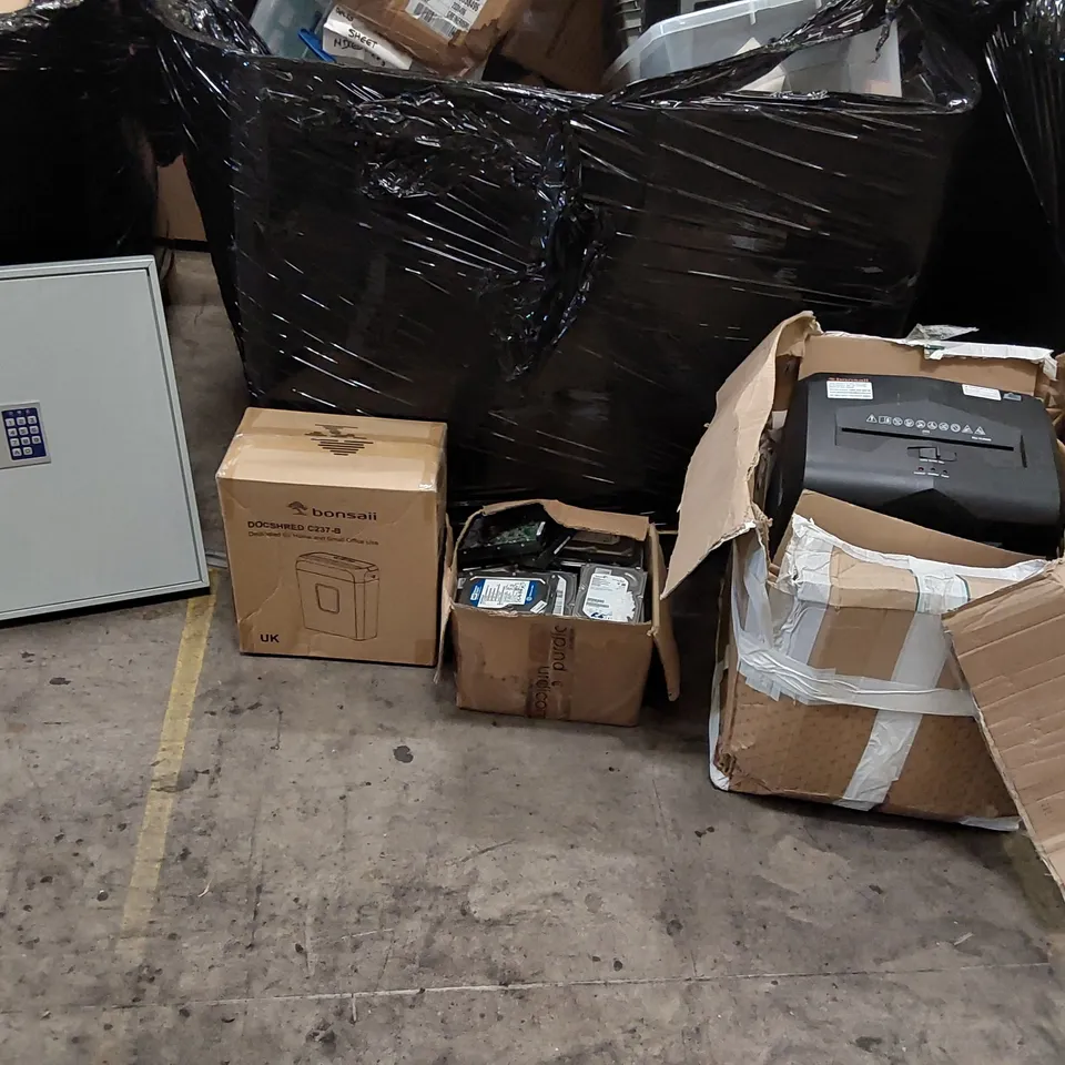 PALLET OF ASSORTED ITEMS INCLUDING; ROTTNER KEY CABINET, BOX OF ASSORTED HARD DRIVES, PAPER SHREDDERS ECT.