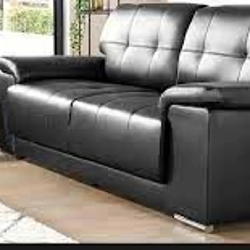 BOXED DESIGNER KANSAS BLACK LEATHER THREE SEATER SOFA (1 BOX)