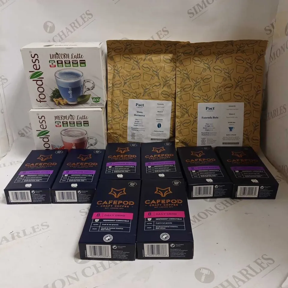 LOT OF APPROXIMATELY 12 ITEMS TO INCLUDE 6 CAFEPOD CRAFT COFFEE INTENSE ROAST, PACT COFFEE FAZENDA REIS MEDIUM-DARK ROAST (250g), FOODNESS UNICORN LATTE (10 PODS), ETC