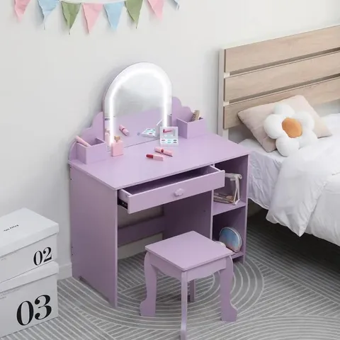 BOXED GARVEE KIDS VANITY TABLE WITH LIGHTED MIRROR, PURPLE WOODEN DRESSING TABLE AND STOOL SET, PROFESSIONAL MAKEUP VANITY FOR GIRLS WITH INTEGRATED LED LIGHTS AND STORAGE