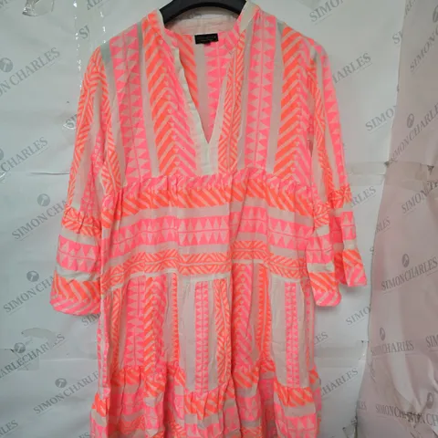 SOUTH BEACH WOMEN'S DRESS – PINK AND ORANGE GEOMETRIC PRINT, V-NECK, LONG SLEEVES SIZE 8
